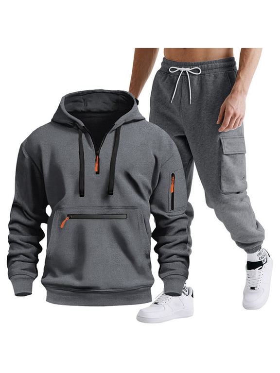 Mens Outfits 2 Piece Half Zip Pullover Hoodie And Cargo Pants Set White Fleece Tracksuit With Utility Pockets