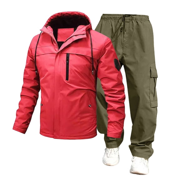 Turilly Mens Outfits 2 Piece Hooded Windbreaker Jacket Cargo Pants Set Water Resistant Utility Tracksuit With Drawstring