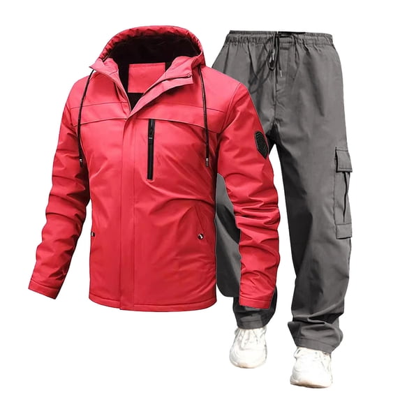 Turilly Mens Outfits 2 Piece Hooded Windbreaker Jacket Cargo Pants Set Water Resistant Utility Tracksuit With Drawstring