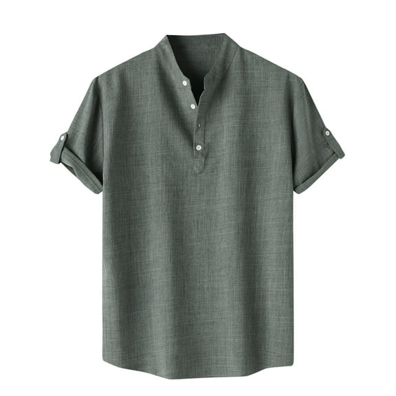 Turilly Mens Shirts Men Casual Solid Stand Collar Short Sleeve Button Closure Shirt Hawaii Blouse