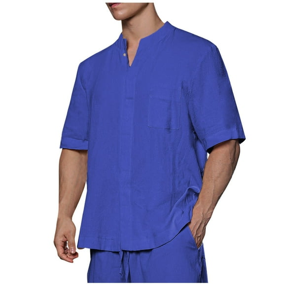 Turilly Mens Shirts Men's Fashion Casual Solid Color Button Short Sleeve Round-Neck Blouses