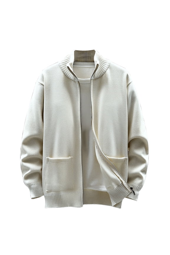 Mens Sweater Coats Men's Solid Color Knit Round Collar Cardigan Relaxed Zipper Sweater Coat