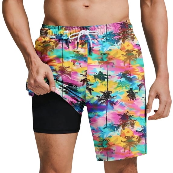 Turilly Mens Swim Trunks with Compression Liner Beach Shorts Hawaiian Style Casual Printed Drawstring Shorts with Pockets 2XL