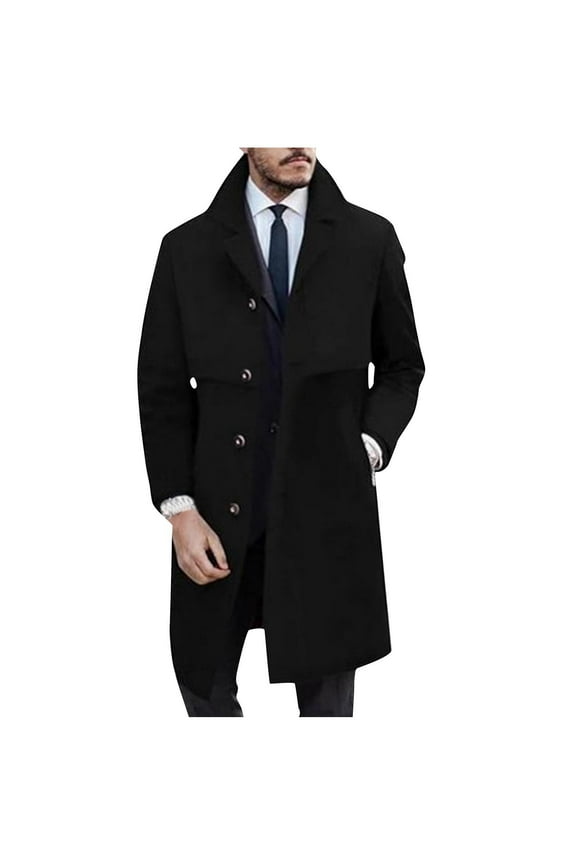 Mens Trench Coats Men Casual Button Solid Long Sleeve Turn Down Collar Outwear Single Breasted Overcoat with Pockets