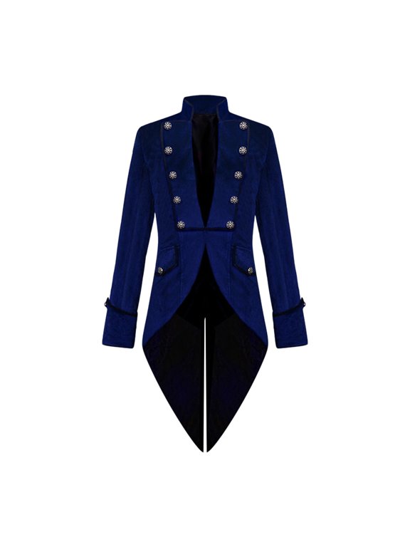 Mens Velvet Tailcoat Jacket Stand Collar Double Breasted Long Hem Gothic Costume for Halloween Party