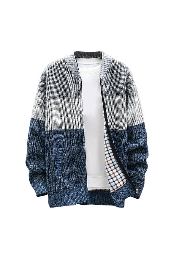 Mens Zip Up Knitted Cardigan Thick Sweater Stand Collar Fleece Lined Warm