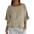 thumbnail image 1 of Turilly New Arrivals Womens 3/4 Sleeve Tops Summer Solid And Linen Ruffle Pleated Hem Round Neck Casual Shirt for Women, 1 of 6