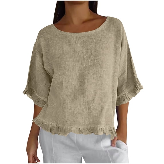 Turilly New Arrivals Womens 3/4 Sleeve Tops Summer Solid And Linen Ruffle Pleated Hem Round Neck Casual Shirt for Women