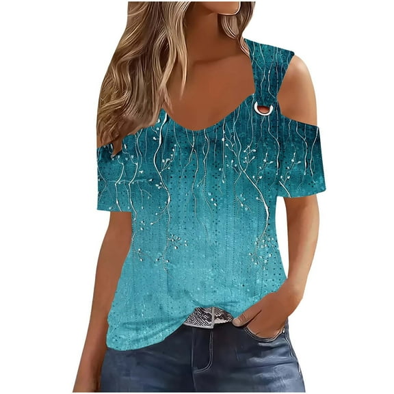 Turilly Off-The-Shoulder Tops for Women New Short Sleeve Cutout Casual Printed Top
