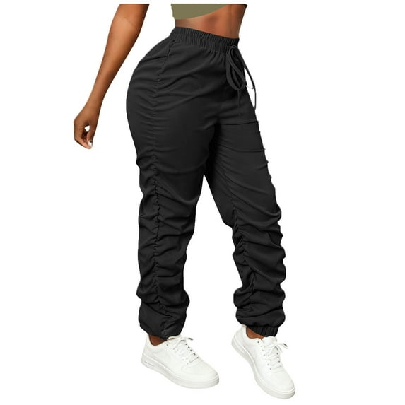 Turilly Outdoor Cargo Pants Women Solid Color with Elastic Waist Casual Clothes Pockets Full Length Pants Black XXL