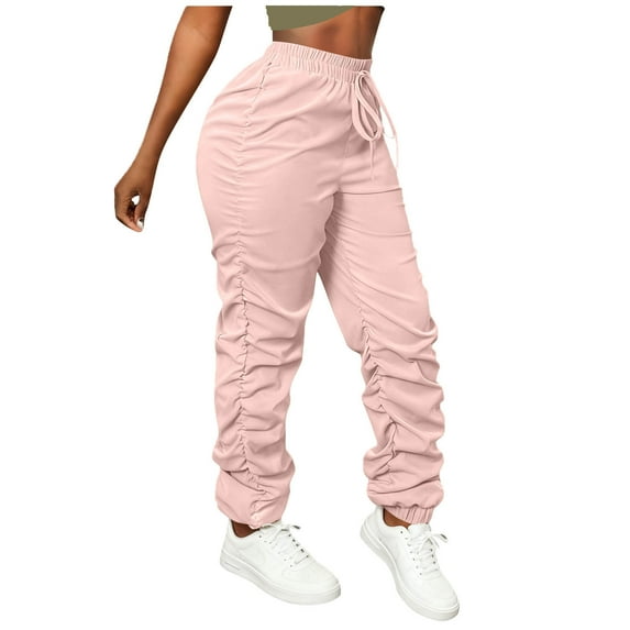 Turilly Outdoor Cargo Pants Women Solid Color with Elastic Waist Casual Clothes Pockets Full Length Pants Pink L