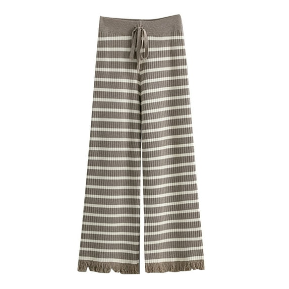 Turilly Pants for Women 2023 Women's Trousers Striped Wide-Leg Pants High-Waisted Loose Knitted Floor-Length Straight Woolen Casual Pants