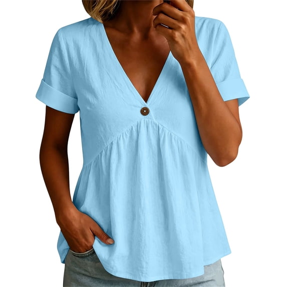 Turilly Peplum Fit V-Neck Tops for Women Short Sleeved Solid Color Casual Top T-Shirts with Decorative Button