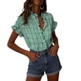 thumbnail image 1 of Turilly Plaid Ruffle V-Neck Button Down Shirts for Women Short Sleeve Summer Tops Business Casual Work Blouses, 1 of 6