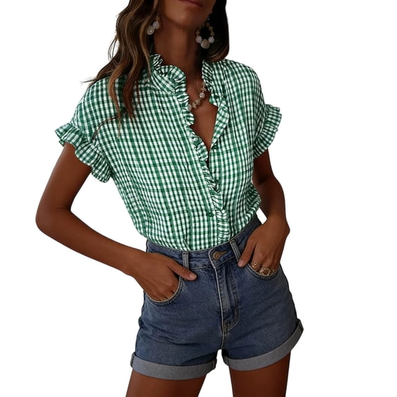 Turilly Plaid Ruffle V-Neck Button Down Shirts for Women Short Sleeve Summer Tops Business Casual Work Blouses