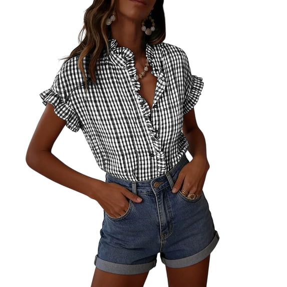 Turilly Plaid Ruffle V-Neck Button Down Shirts for Women Short Sleeve Summer Tops Business Casual Work Blouses