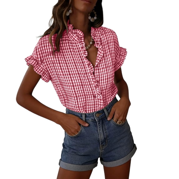 Turilly Plaid Ruffle V-Neck Button Down Shirts for Women Short Sleeve Summer Tops Business Casual Work Blouses