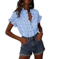 thumbnail image 1 of Turilly Plaid Ruffle V-Neck Button Down Shirts for Women Short Sleeve Summer Tops Business Casual Work Blouses, 1 of 6