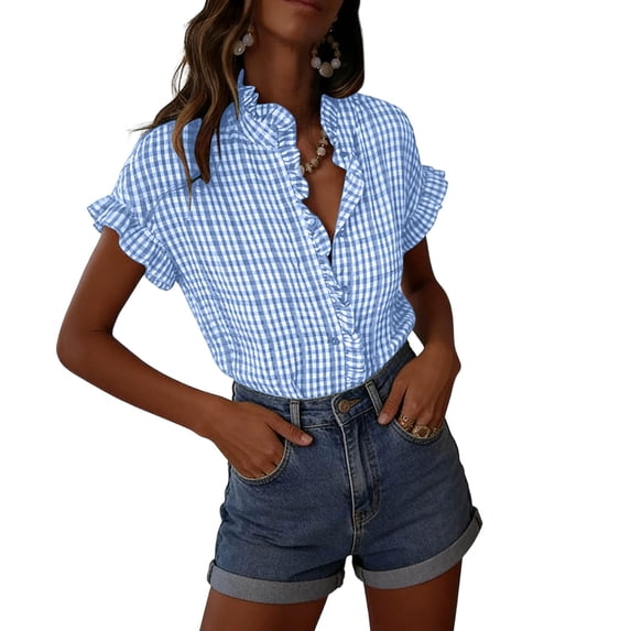 Turilly Plaid Ruffle V-Neck Button Down Shirts for Women Short Sleeve Summer Tops Business Casual Work Blouses
