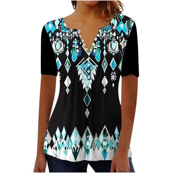 Turilly Pleated Tops for Women New Short Sleeve V-Neck Button Casual Print Slim Top