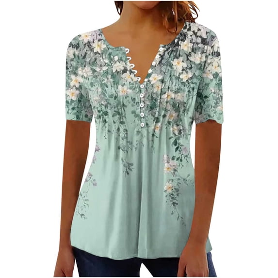 Turilly Pleated Tops for Women New Short Sleeve V-Neck Button Casual Print Slim Top