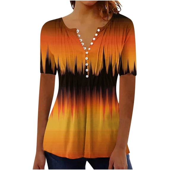 Turilly Pleated Tops for Women New Short Sleeve V-Neck Button Casual Print Slim Top
