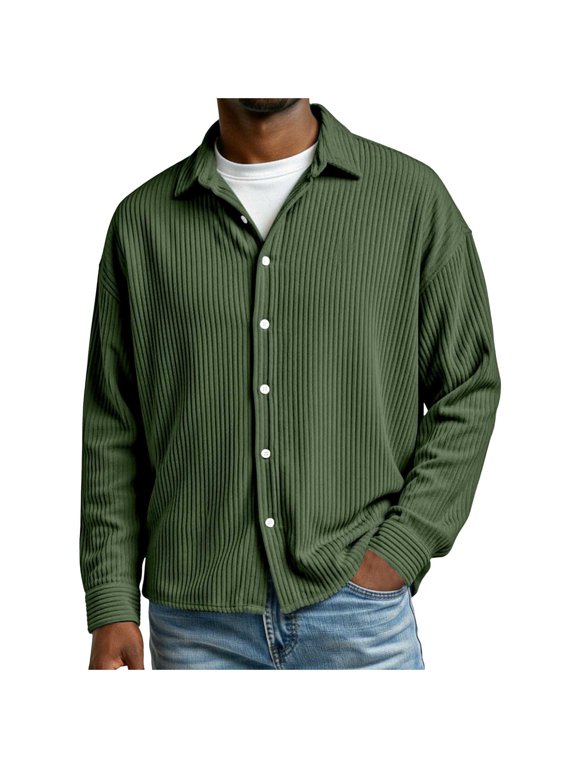 Plus Size Men's Corduroy Shacket Button Down Collar Long Sleeve Casual Overshirt for Fall Winter Daily Wear