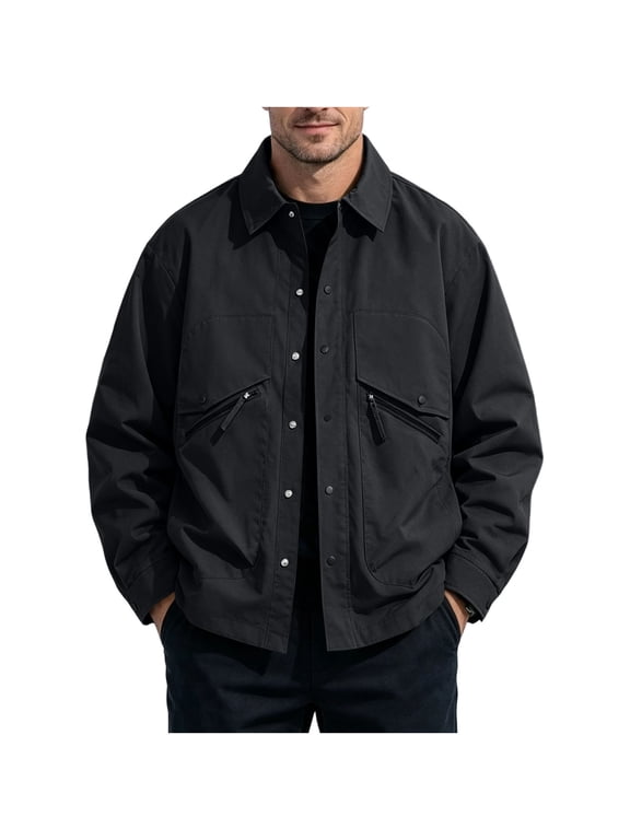 Plus Size Men's Cotton Twill Field Jacket Lapel Collar Snap Button Pockets Casual Coat for Fall Winter Outdoor