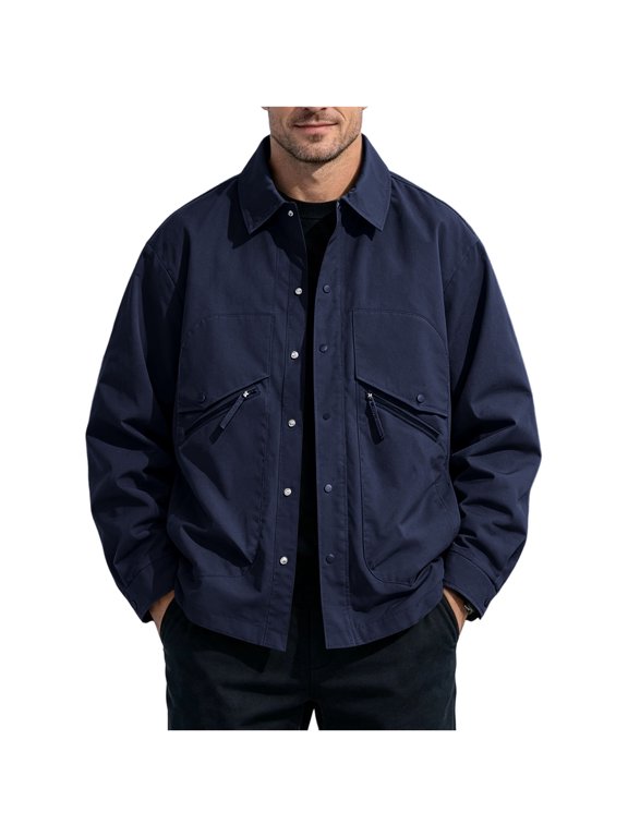 Plus Size Men's Cotton Twill Field Jacket Lapel Collar Snap Button Pockets Casual Coat for Fall Winter Outdoor