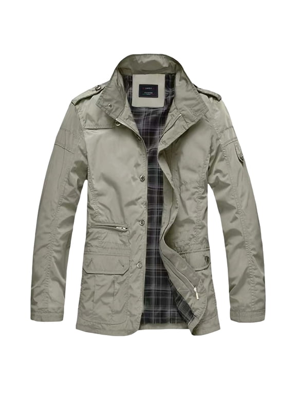 Plus Size Men's Cotton Twill Field Jacket Stand Collar Zip Up Multi Pocket Utility Work Coat for Fall Winter