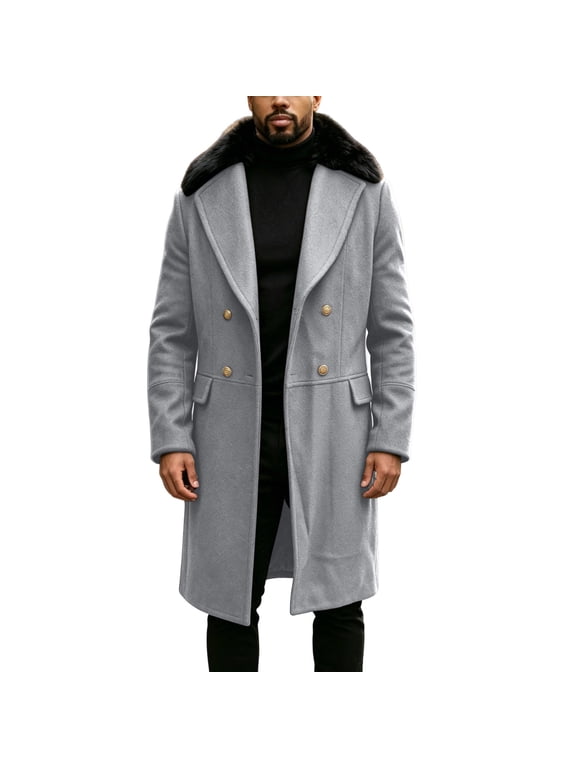 Plus Size Men's Faux Fur Collar Wool Blend Overcoat Double Breasted Long Trench Coat for Fall Winter