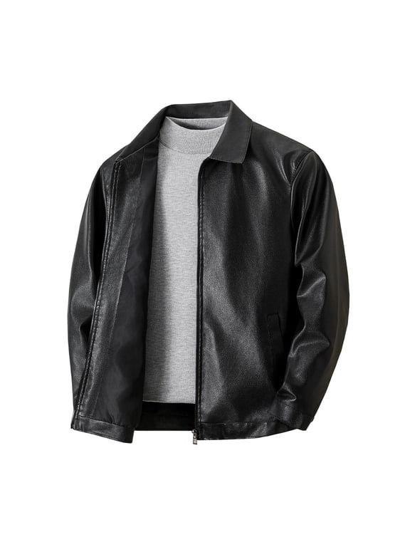 Plus Size Men's Faux Leather Jacket Collar Full Zip Ribbed Hem Casual Moto Biker Coat for Fall Winter Outdoor