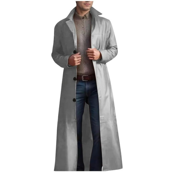 Turilly Plus Size Mens Coats Men's Fashion Casual Solid Color Faux Leather Buttons Long Sleeve Hoodless Casual Long Outwear Trench Coat