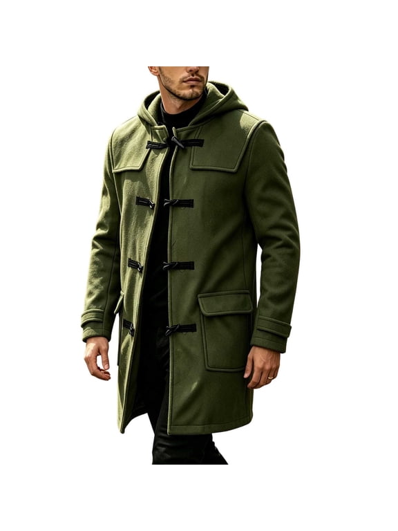 Plus Size Mens Hooded Toggle Coat Wool Blend Mid Length Duffle Jacket with Pockets for Fall Winter