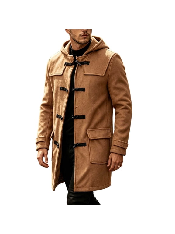 Plus Size Mens Hooded Toggle Coat Wool Blend Mid Length Duffle Jacket with Pockets for Fall Winter