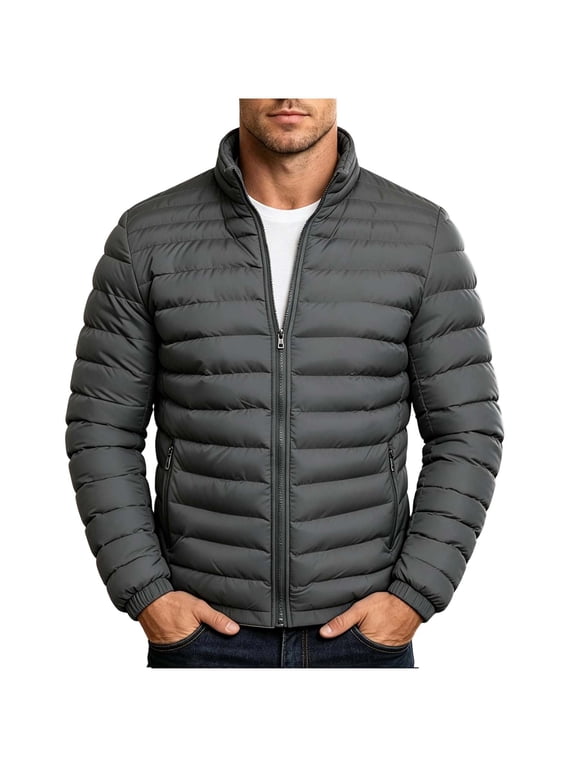 Plus Size Mens Lightweight Puffer Jacket Stand Collar Full Zip Quilted Padded Coat for Fall Winter Outdoor