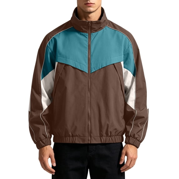 Turilly Plus Size Mens Retro Color Block Track Jacket Full Zip Stand Collar Casual Sports Windbreaker for Spring Fall