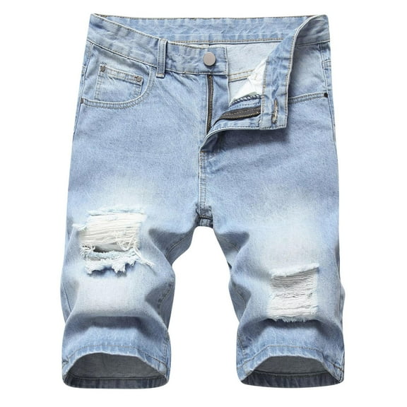 Turilly Plus Size Shorts for Men Ripped Denim Trunks Stretchy Washed Jeans Trunks Cut-Off Classic Fit Biker Jeans Trunks