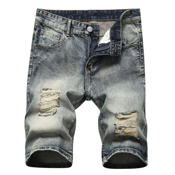 Turilly Plus Size Shorts for Men Ripped Denim Trunks Stretchy Washed Jeans Trunks Cut-Off Classic Fit Biker Jeans Trunks