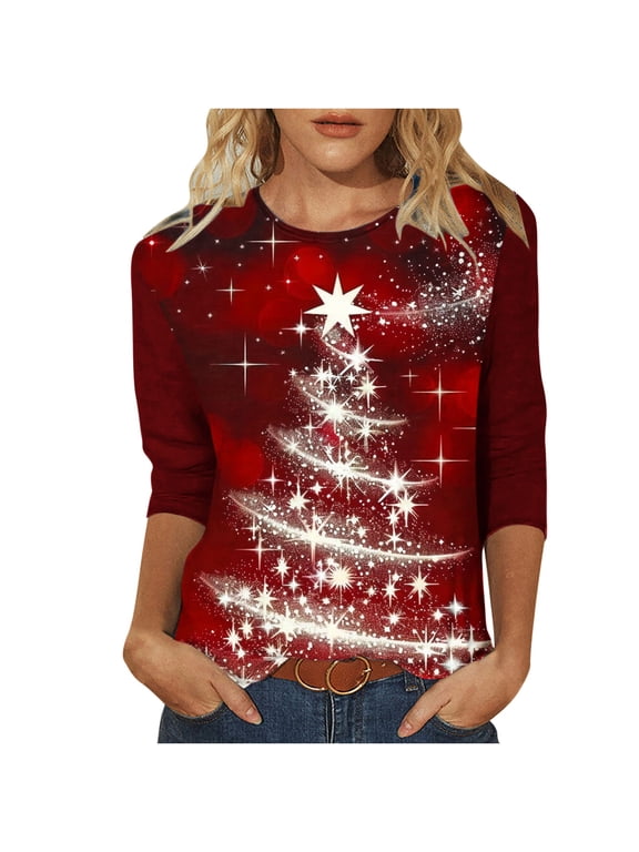 Plus Size Women's Fashion Three Quarter Sleeve Round Neck Easter Printed Loose Tops Blouse