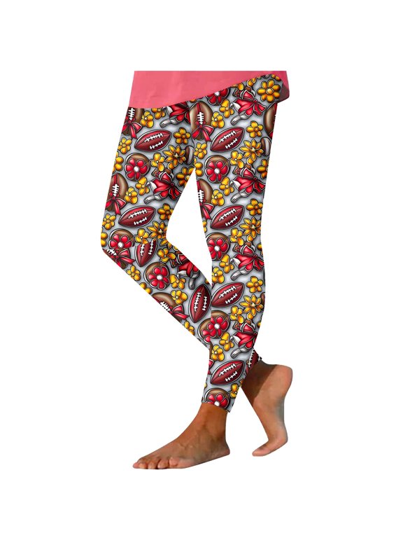 Plus Size Womens Football Print Leggings High Waisted Yoga Pants for Game Day Running Workout Sports