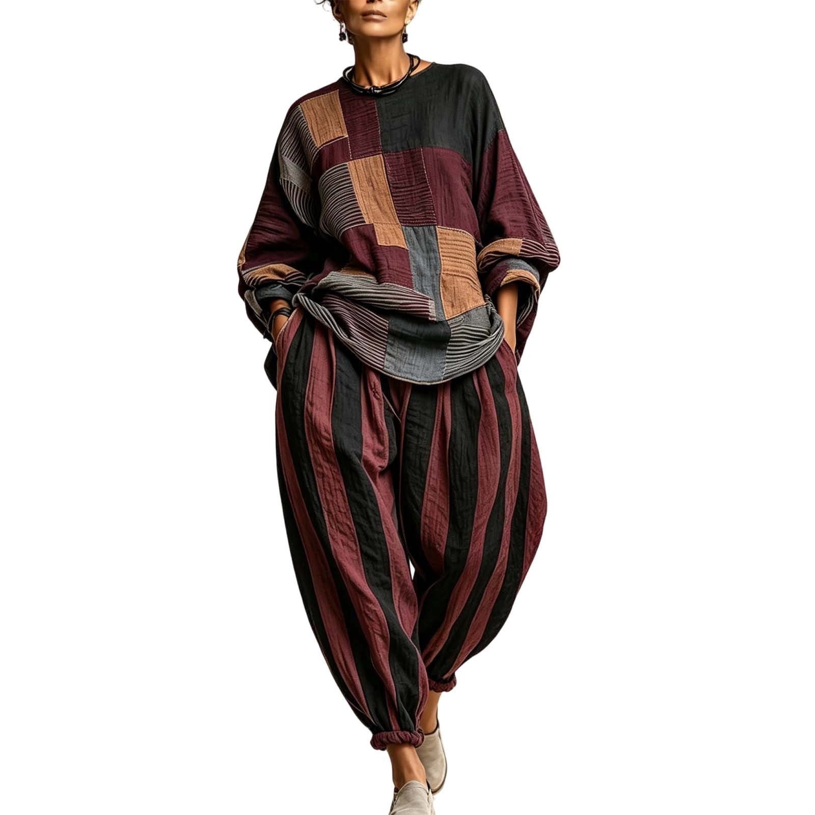 17 Sign Striped Turilly Plus Size Womens Two Piece Outfits Striped Long Sleeve Top and ...