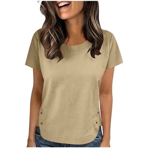 Turilly Relaxed Fit Button Detail Tee for Women Solid Color Round Neck Wrinkled Pullover with Short Sleeve Loose Tops