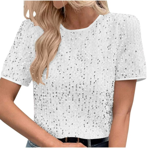 Turilly Sequin Tops for Women 2025 Summer Tops Party Clib Solid Crew Neck Glitter Blouse