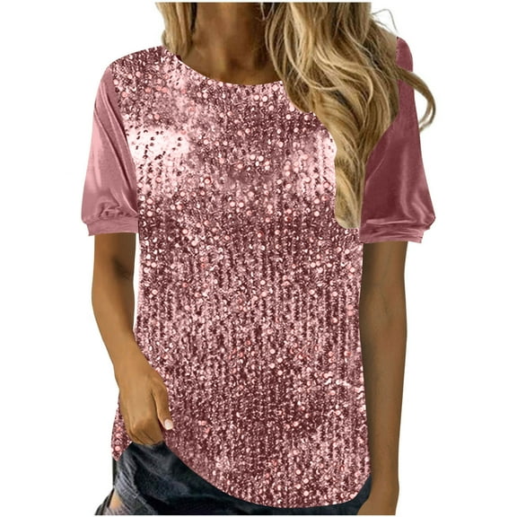 Turilly Sequin Tops for Women Crew Neck Short Sleeve Dressy Tops Elastic Sparkly Shirts for Party