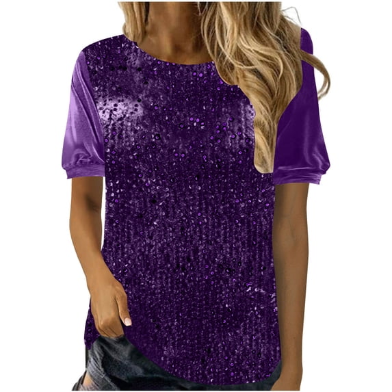 Turilly Sequin Tops for Women Crew Neck Short Sleeve Dressy Tops Elastic Sparkly Shirts for Party