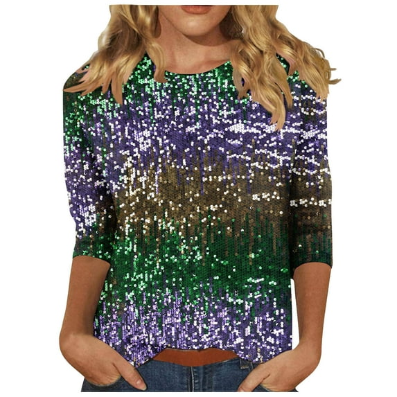 Turilly Sequin Tops for Women Glitter Casual Crew Neck Blouse Mardi Gras 3/4 Sleeve T-shirt