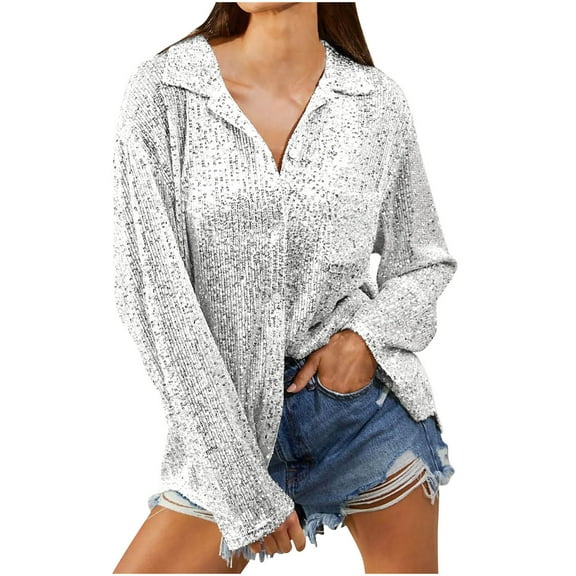 Turilly Sequin Tops for Women Sparkly Button Down Shirt Solid Color Long Sleeve Party Shirts