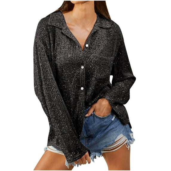Turilly Sequin Tops for Women Sparkly Button Down Shirt Solid Color Long Sleeve Party Shirts