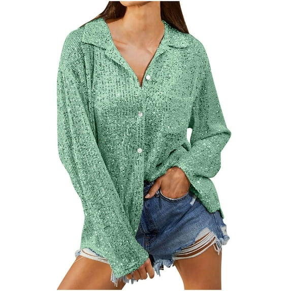 Turilly Sequin Tops for Women Sparkly Button Down Shirt Solid Color Long Sleeve Party Shirts